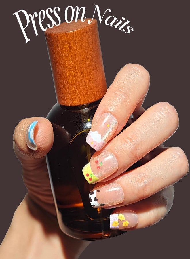 ABOLINE Cat Eye Short Round Press On Nails, Fake Nails with Designs-Colorful Flowers Beige French Tip, Glossy Gel Finish Reusable Glue On Nail, Stick on Nail for Women, 4 Style, Summer - Image 4